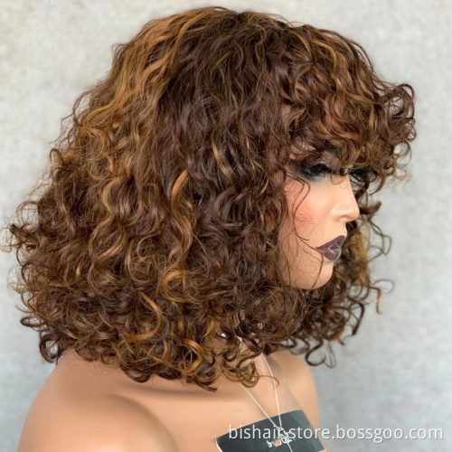 Wholesale Full Machine Made Wigs Highlight Honey #27 #30 Blonde Brown Burgundy 99J Brazilian Human Jerry Curly Wigs With Bangs